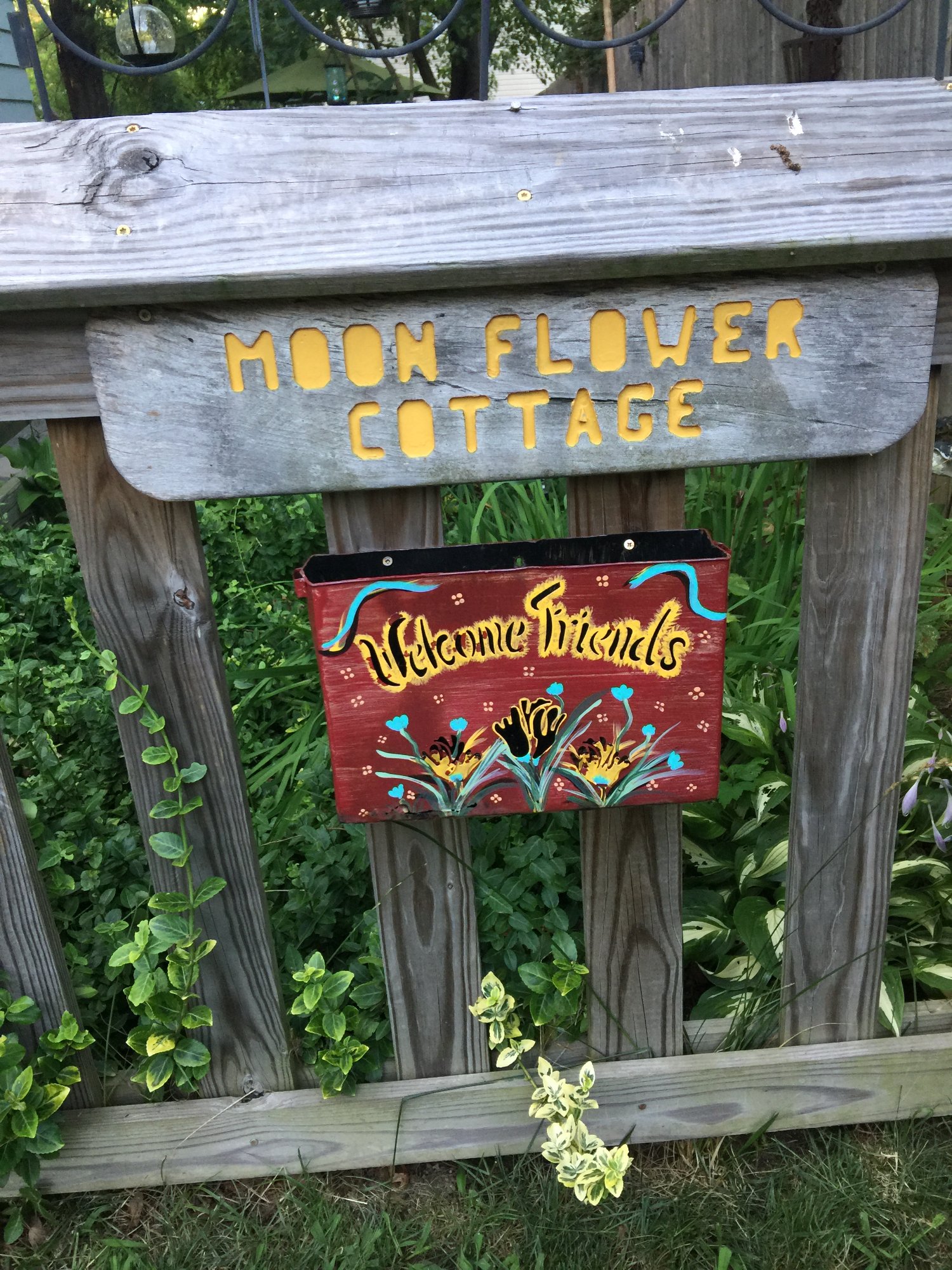 Moon Flower Cottage sign with Welcome Friends mailbox